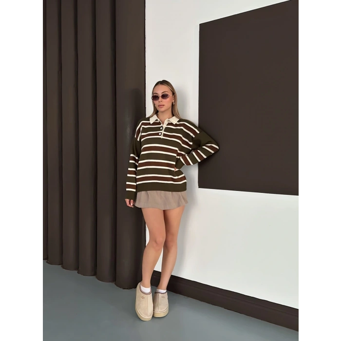 Yakalı Cizgi Desen Triko Kazak Haki