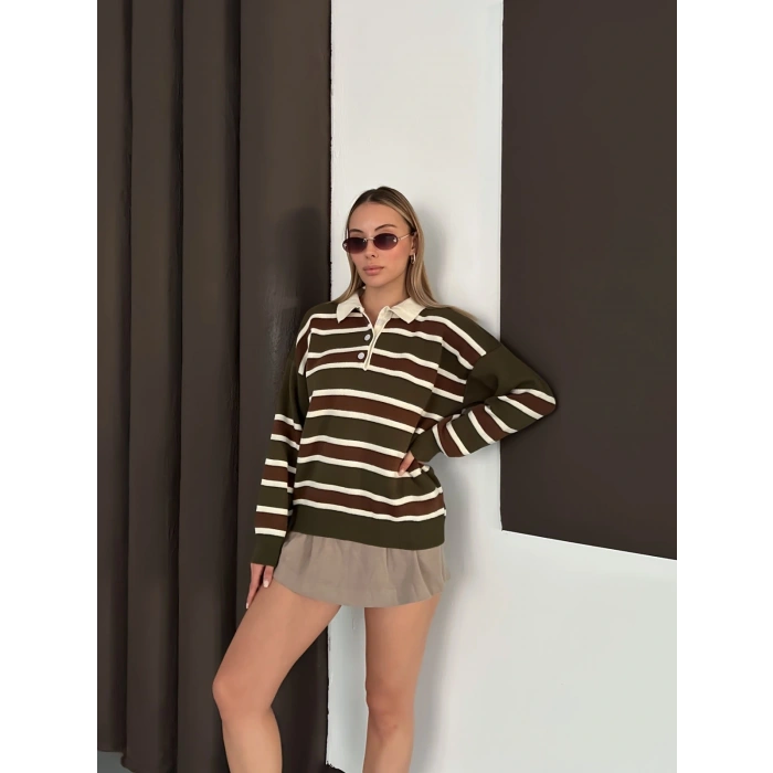 Yakalı Cizgi Desen Triko Kazak Haki