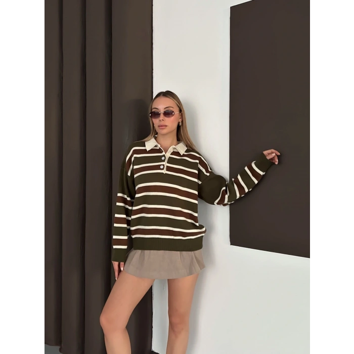 Yakalı Cizgi Desen Triko Kazak Haki