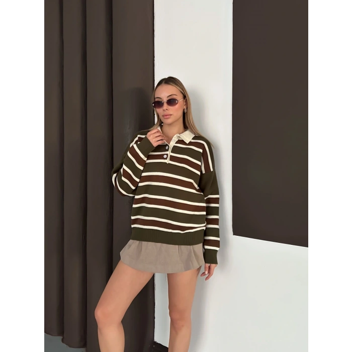 Yakalı Cizgi Desen Triko Kazak Haki
