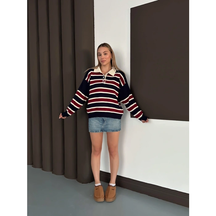 Yakalı Cizgi Desen Triko Kazak Siyah