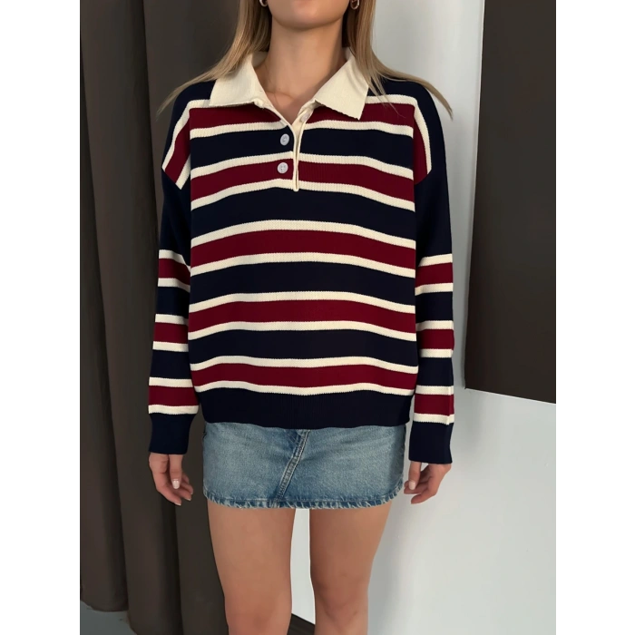 Yakalı Cizgi Desen Triko Kazak Siyah