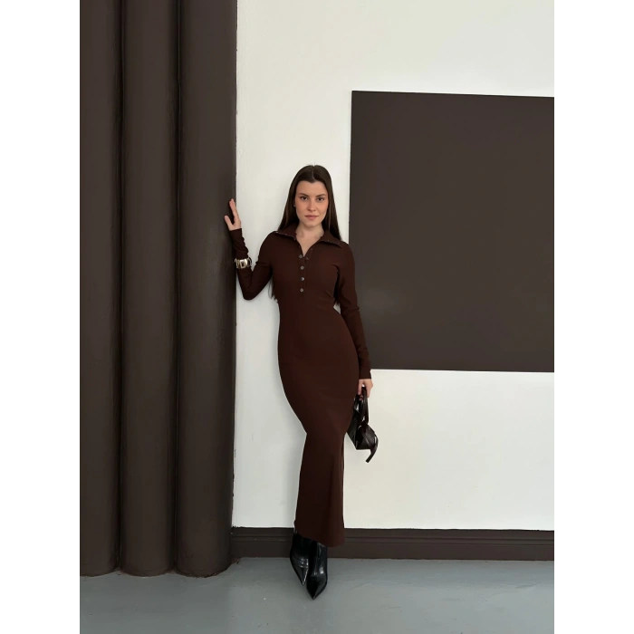 Yakalı Düğme Detaylı Triko Elbise Acı Kahve