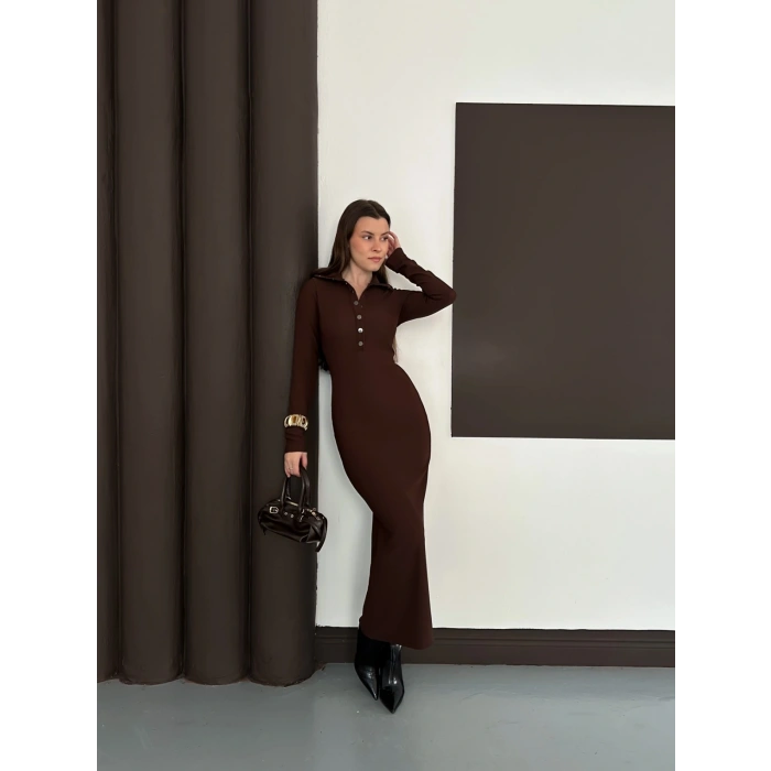 Yakalı Düğme Detaylı Triko Elbise Acı Kahve