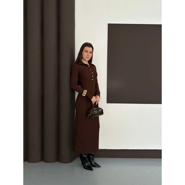 Yakalı Düğme Detaylı Triko Elbise Acı Kahve