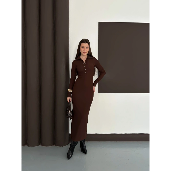 Yakalı Düğme Detaylı Triko Elbise Acı Kahve