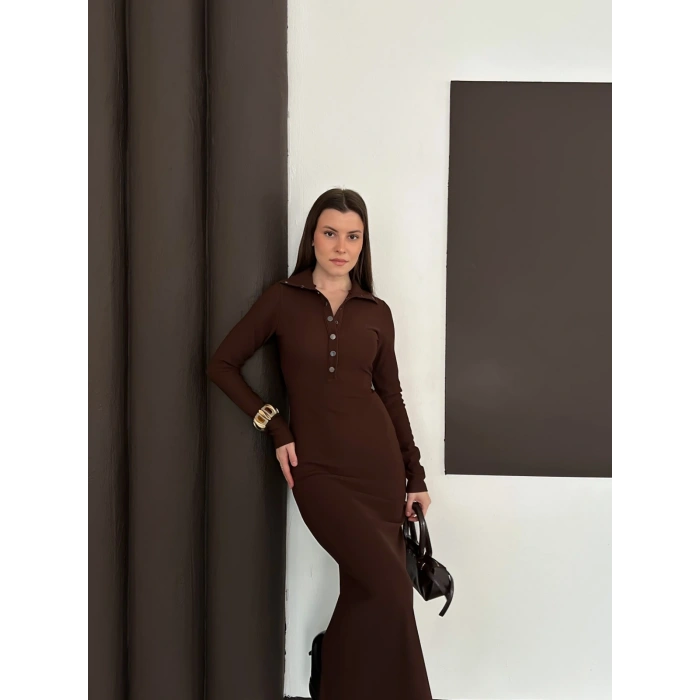Yakalı Düğme Detaylı Triko Elbise Acı Kahve