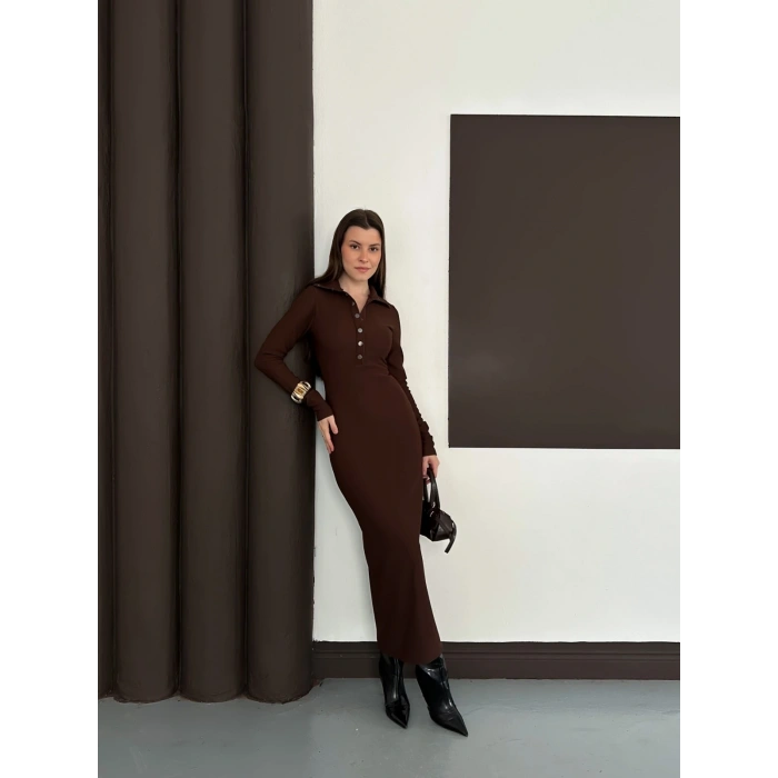 Yakalı Düğme Detaylı Triko Elbise Acı Kahve