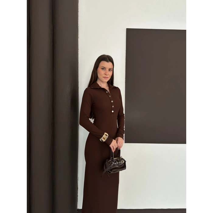 Yakalı Düğme Detaylı Triko Elbise Acı Kahve