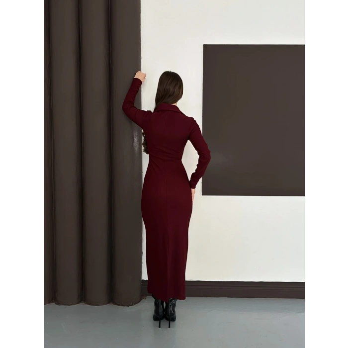 Yakalı Düğme Detaylı Triko Elbise Bordo