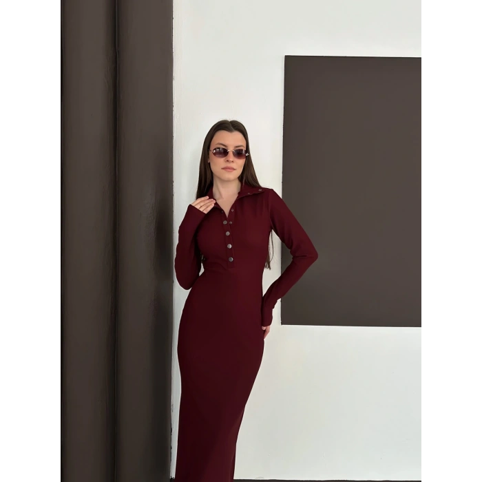 Yakalı Düğme Detaylı Triko Elbise Bordo