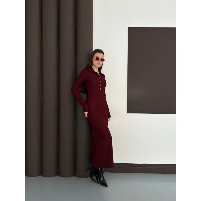 Yakalı Düğme Detaylı Triko Elbise Bordo