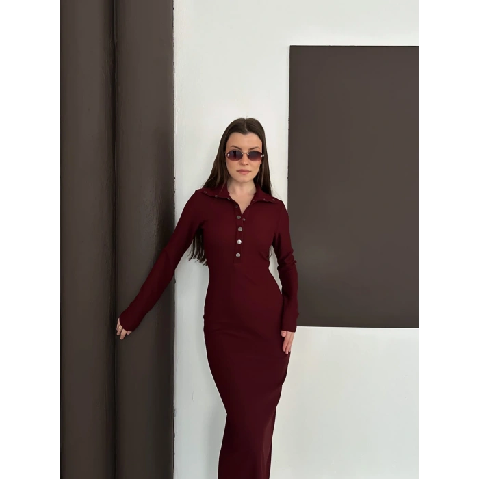 Yakalı Düğme Detaylı Triko Elbise Bordo