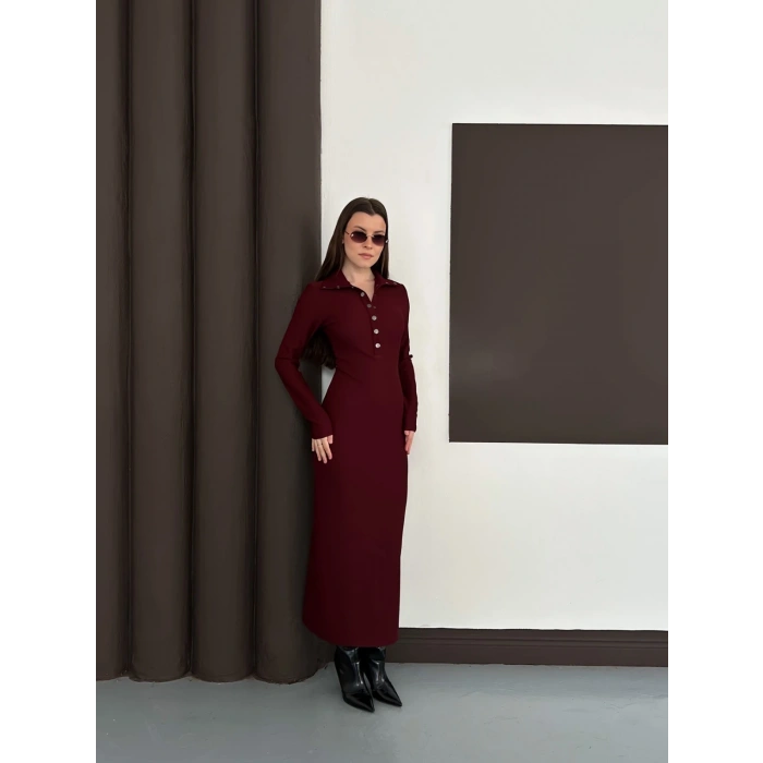 Yakalı Düğme Detaylı Triko Elbise Bordo