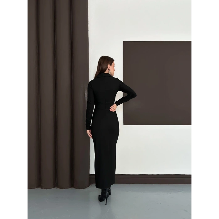 Yakalı Düğme Detaylı Triko Elbise Siyah