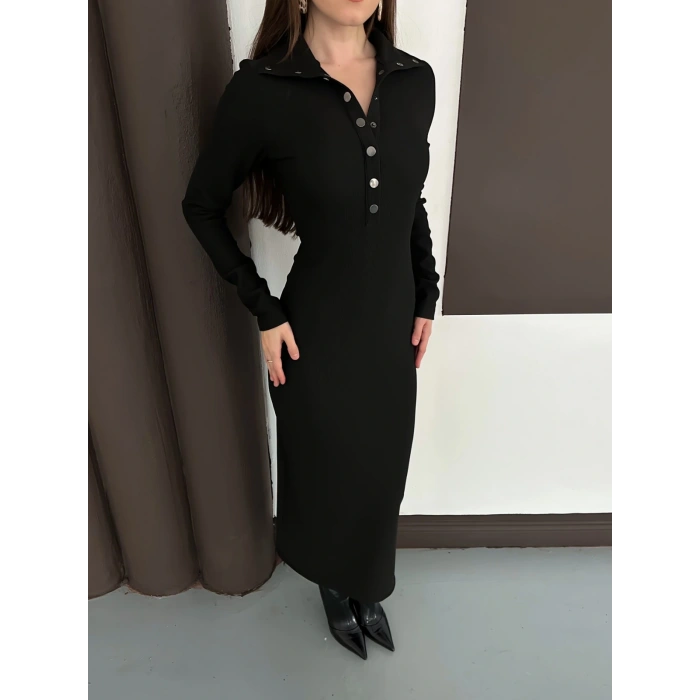Yakalı Düğme Detaylı Triko Elbise Siyah