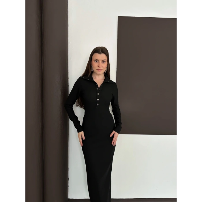 Yakalı Düğme Detaylı Triko Elbise Siyah