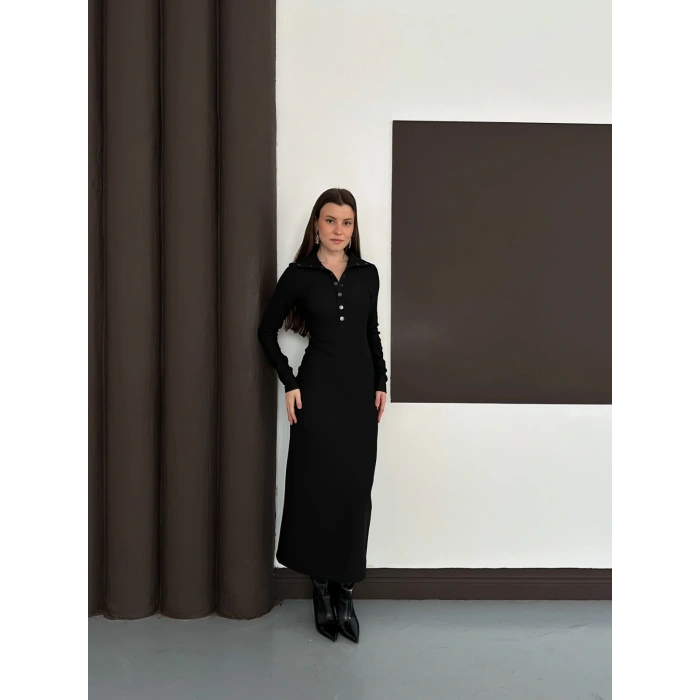 Yakalı Düğme Detaylı Triko Elbise Siyah