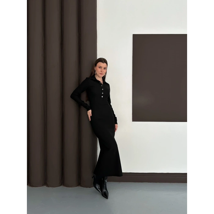 Yakalı Düğme Detaylı Triko Elbise Siyah