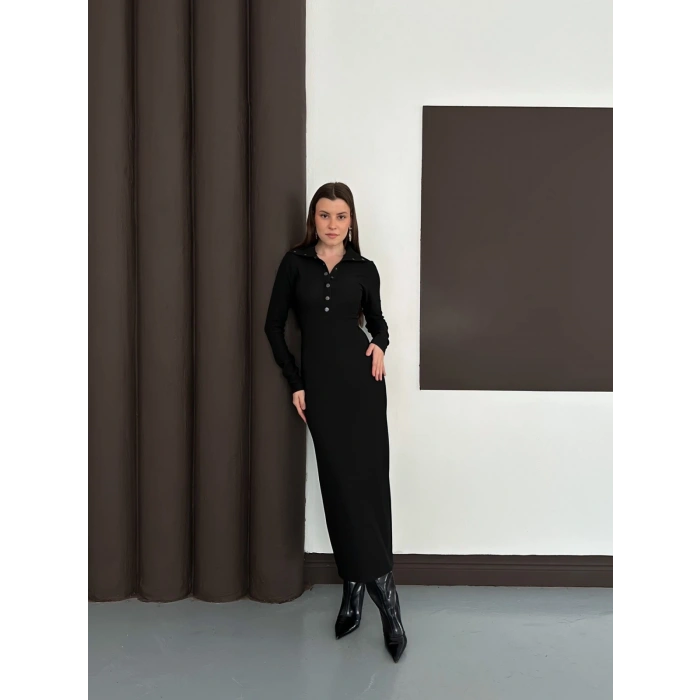 Yakalı Düğme Detaylı Triko Elbise Siyah