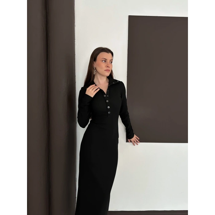 Yakalı Düğme Detaylı Triko Elbise Siyah