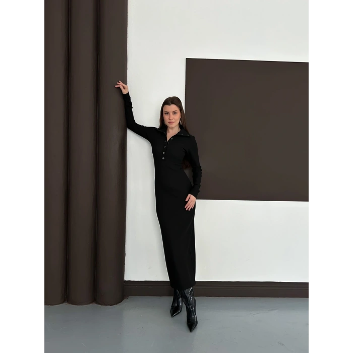 Yakalı Düğme Detaylı Triko Elbise Siyah