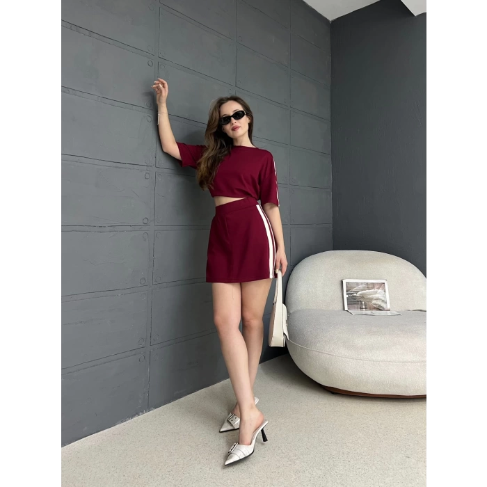 Yan Şerit Detay Modal Kumaş Takım Bordo