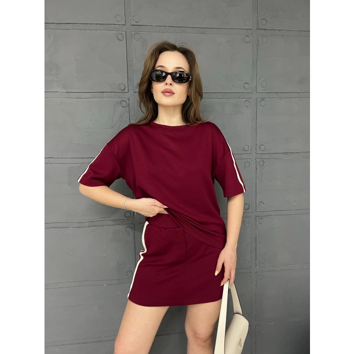 Yan Şerit Detay Modal Kumaş Takım Bordo
