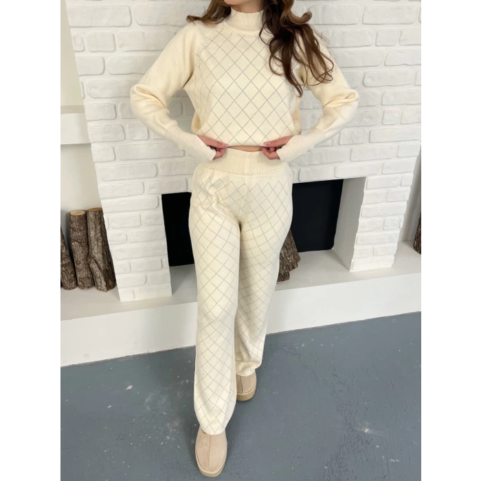 Yarım Boğazlı Taş İşlemeli İkili Set Bej