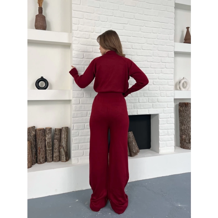 Yarım Boğazlı Taş İşlemeli İkili Set Bordo