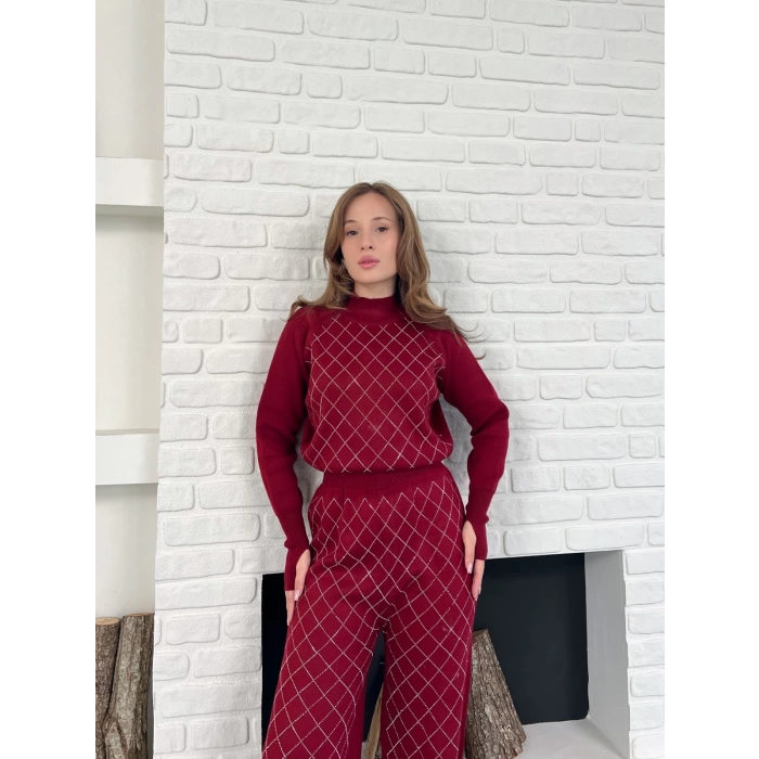 Yarım Boğazlı Taş İşlemeli İkili Set Bordo