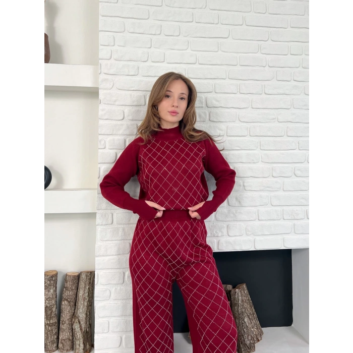 Yarım Boğazlı Taş İşlemeli İkili Set Bordo