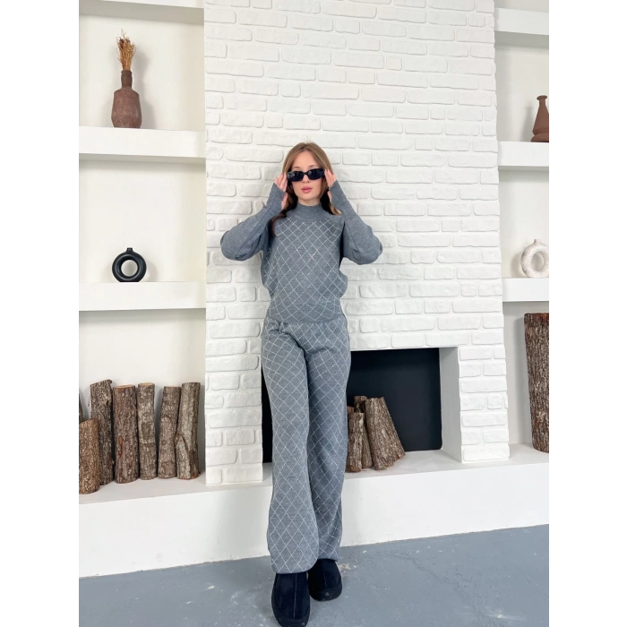 Yarım Boğazlı Taş İşlemeli İkili Set Gri
