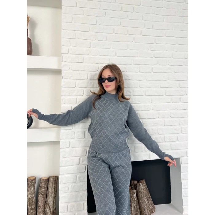 Yarım Boğazlı Taş İşlemeli İkili Set Gri
