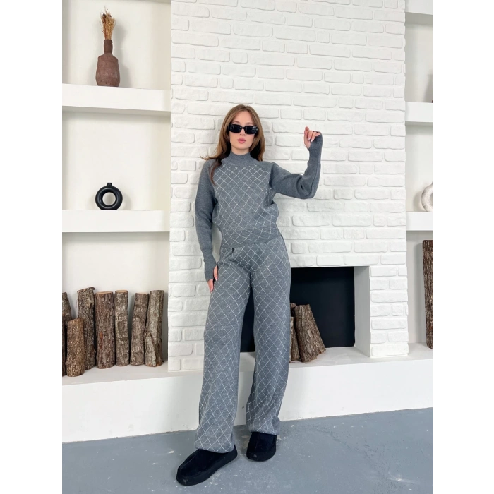 Yarım Boğazlı Taş İşlemeli İkili Set Gri