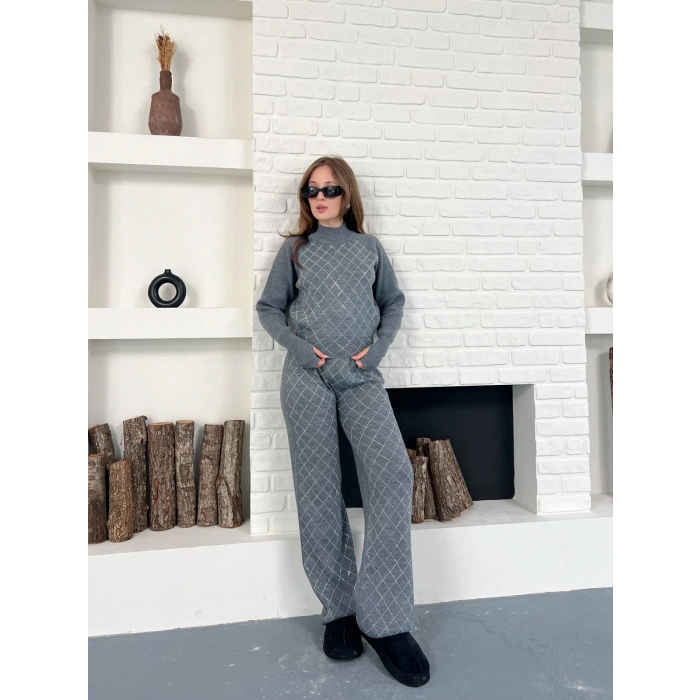 Yarım Boğazlı Taş İşlemeli İkili Set Gri
