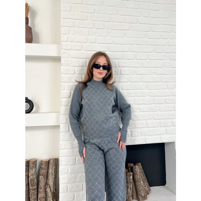 Yarım Boğazlı Taş İşlemeli İkili Set Gri