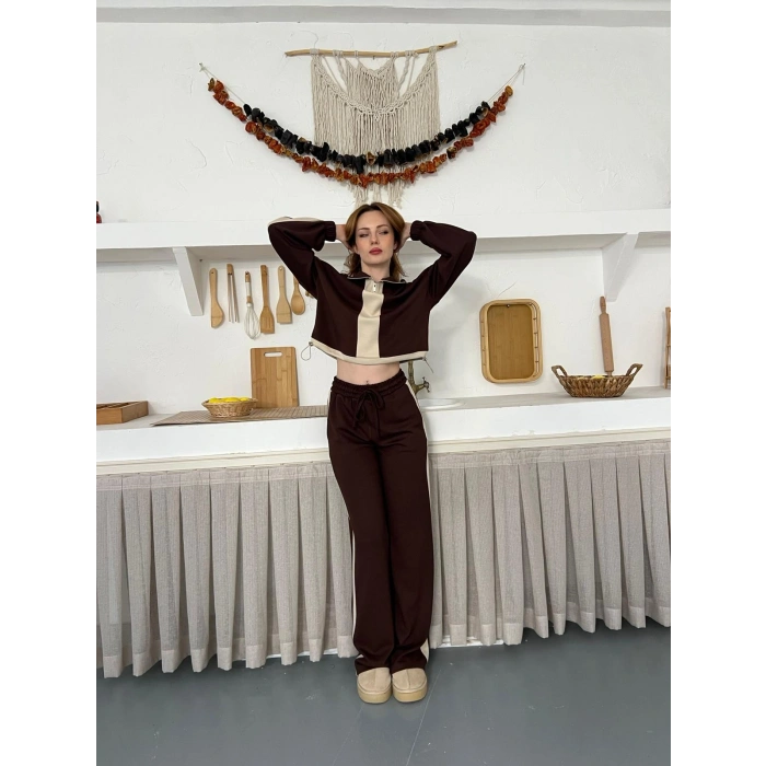 Yarım Fermuar Detaylı Şeritli Takım Acı Kahve