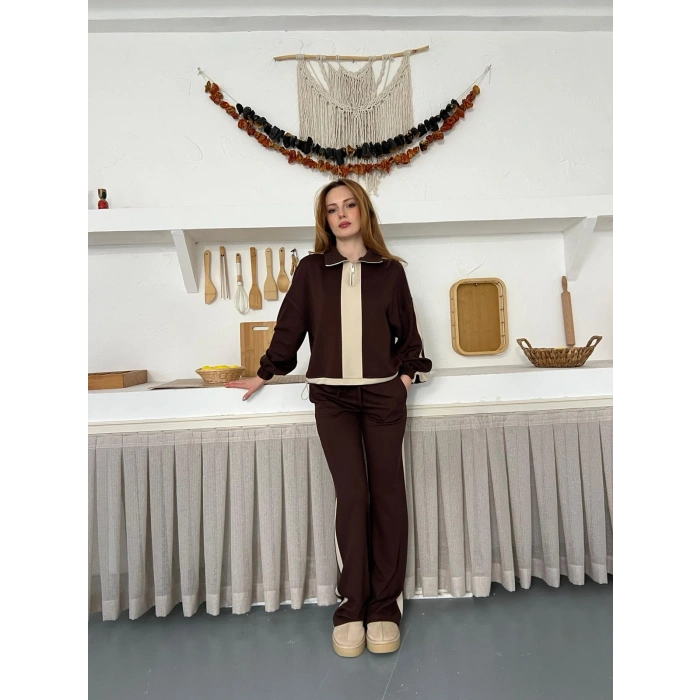 Yarım Fermuar Detaylı Şeritli Takım Acı Kahve