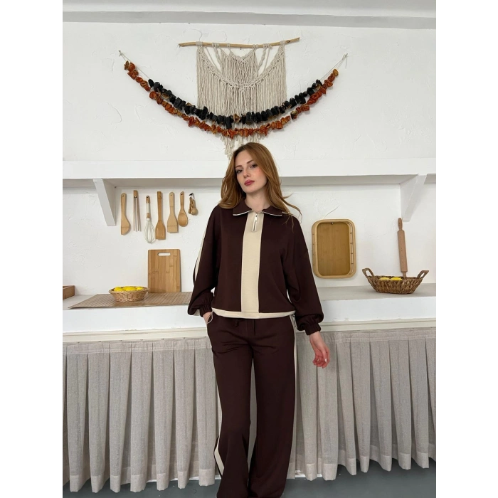 Yarım Fermuar Detaylı Şeritli Takım Acı Kahve
