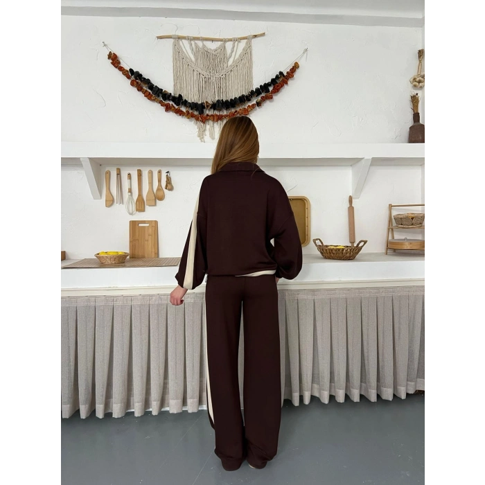 Yarım Fermuar Detaylı Şeritli Takım Acı Kahve
