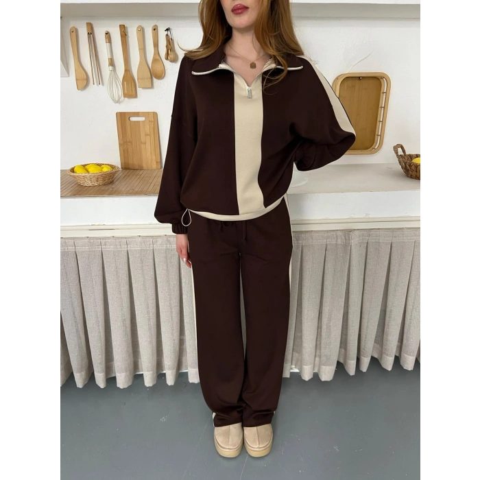 Yarım Fermuar Detaylı Şeritli Takım Acı Kahve