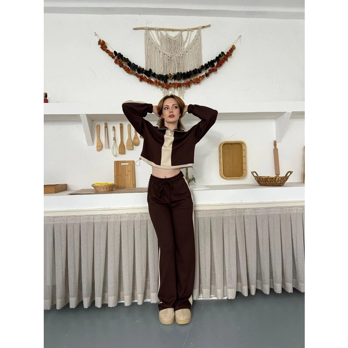 Yarım Fermuar Detaylı Şeritli Takım Acı Kahve