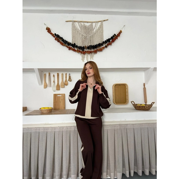 Yarım Fermuar Detaylı Şeritli Takım Acı Kahve