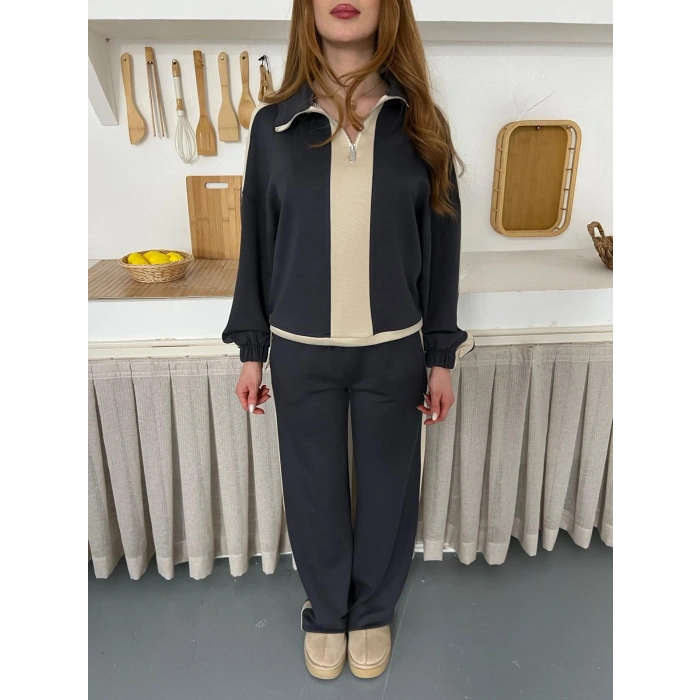 Yarım Fermuar Detaylı Şeritli Takım Antrasit