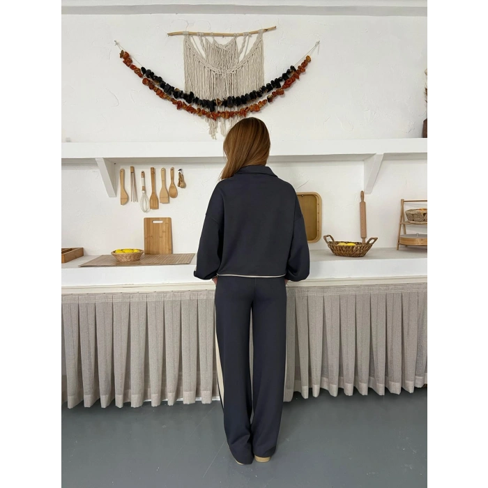 Yarım Fermuar Detaylı Şeritli Takım Antrasit
