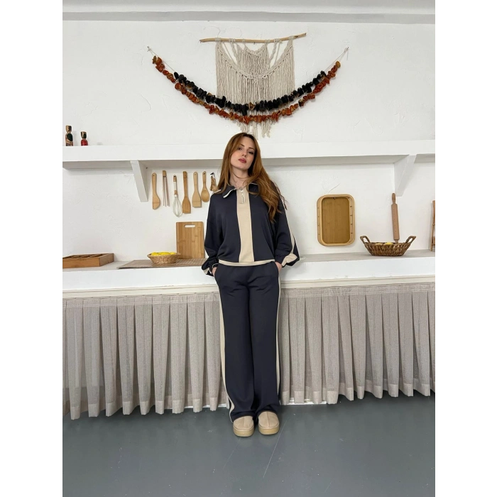 Yarım Fermuar Detaylı Şeritli Takım Antrasit