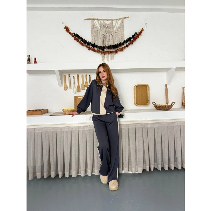 Yarım Fermuar Detaylı Şeritli Takım Antrasit