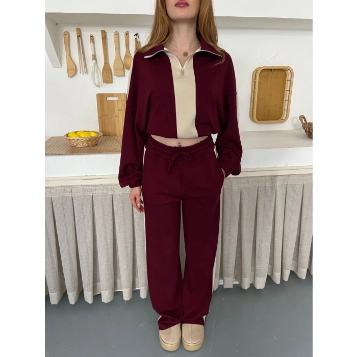 Yarım Fermuar Detaylı Şeritli Takım Bordo