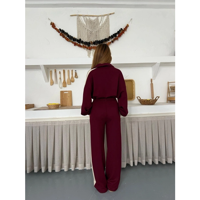 Yarım Fermuar Detaylı Şeritli Takım Bordo